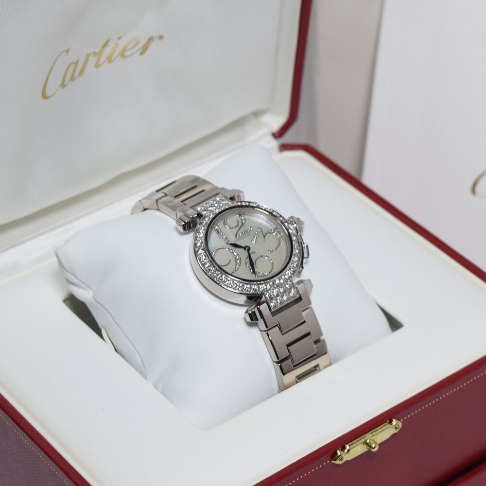 Pasha Cartier WJ12320G 32mm Watch 18k White Gold & Diamonds Box & Papers